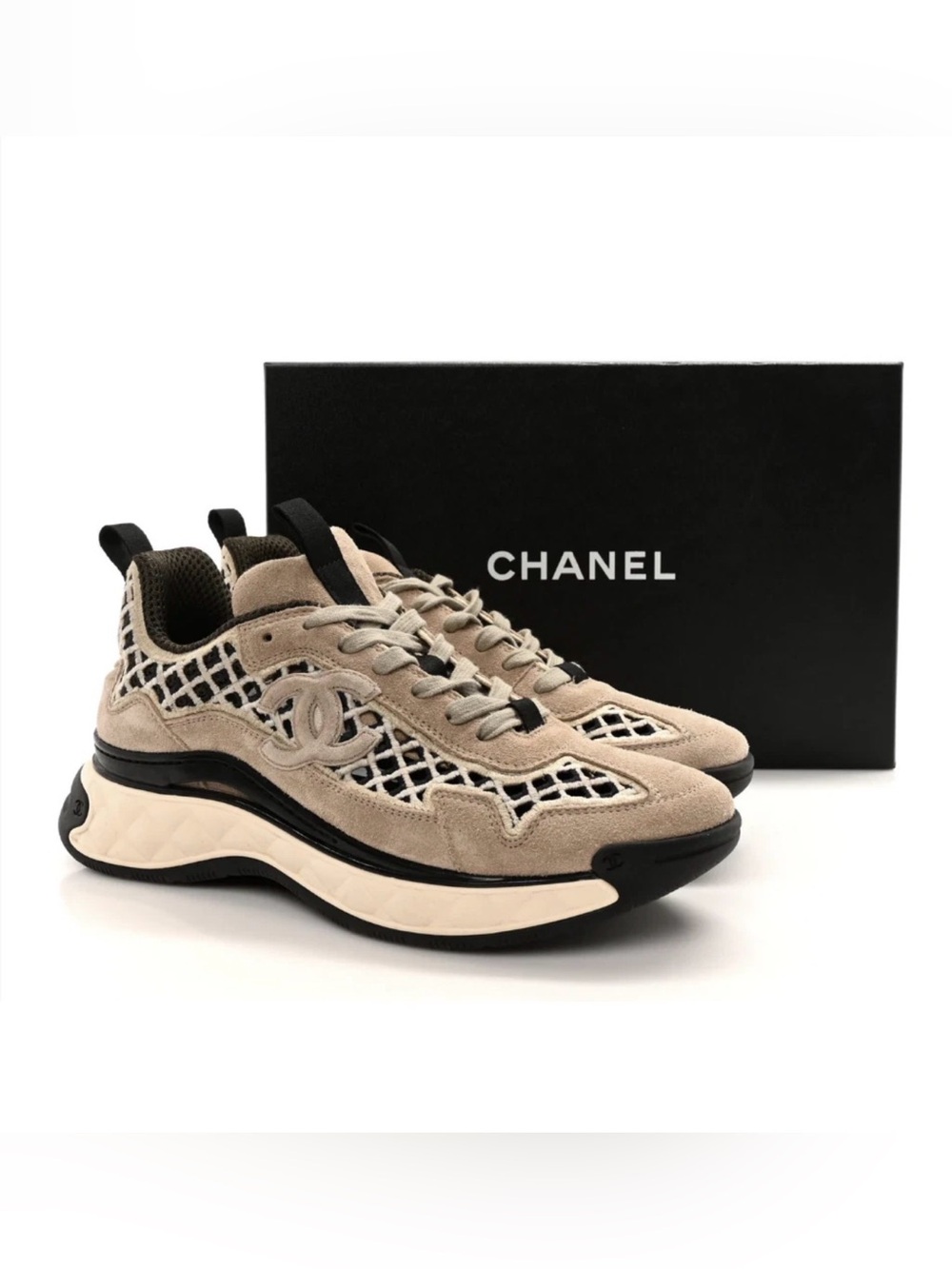 CHANEL Suede Calfskin Embroidered CC Sneakers - Size 40 - Beige Black